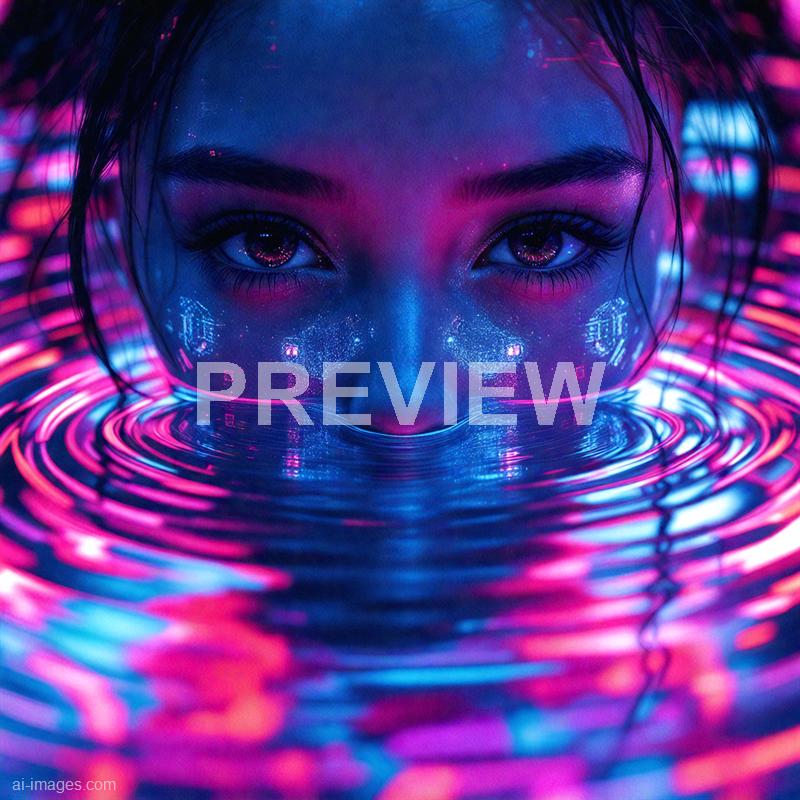 The image features a close-up of a person's face partially submerged in water, with only the eyes and part of the nose visible above the surface. The face is illuminated by vibrant, neon pink and blue lights that reflect off the water, creating a futuristic and surreal atmosphere. The person's eyes are intensely focused, with digital-like patterns and glowing effects on the cheeks and around the eyes, enhancing the sci-fi aesthetic.